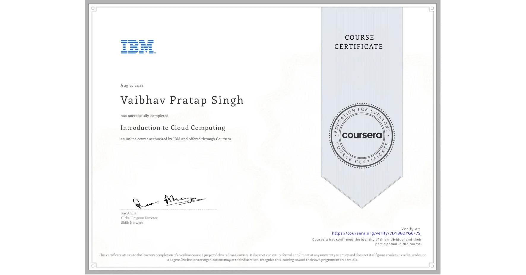 Cloud Computing Fundamentals certificate — Coursera, 2024