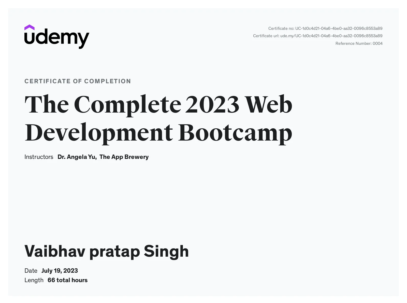 Web Development Bootcamp certificate — Udemy, 2023