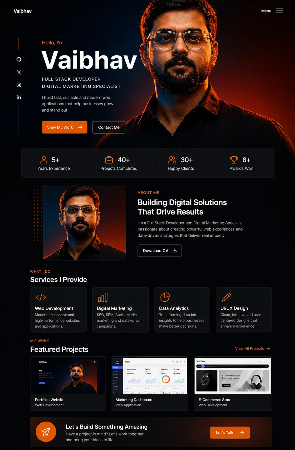 Web Portfolio — Reusable developer portfolio template built using HTML, CSS, JavaScript, and Tailwind CSS with smooth animations and responsive UI.